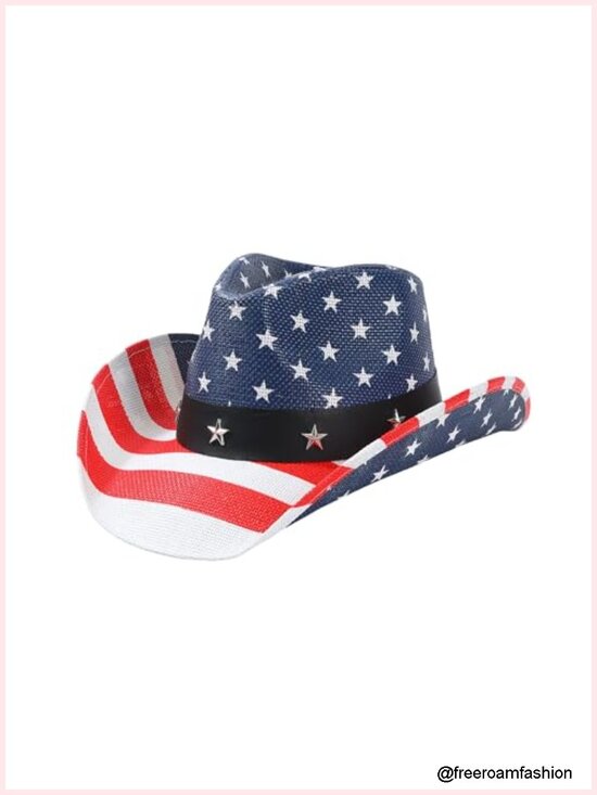 Straw Cowboy Hat with American Flag Pattern, Sun Protection, Breathable main image 4
